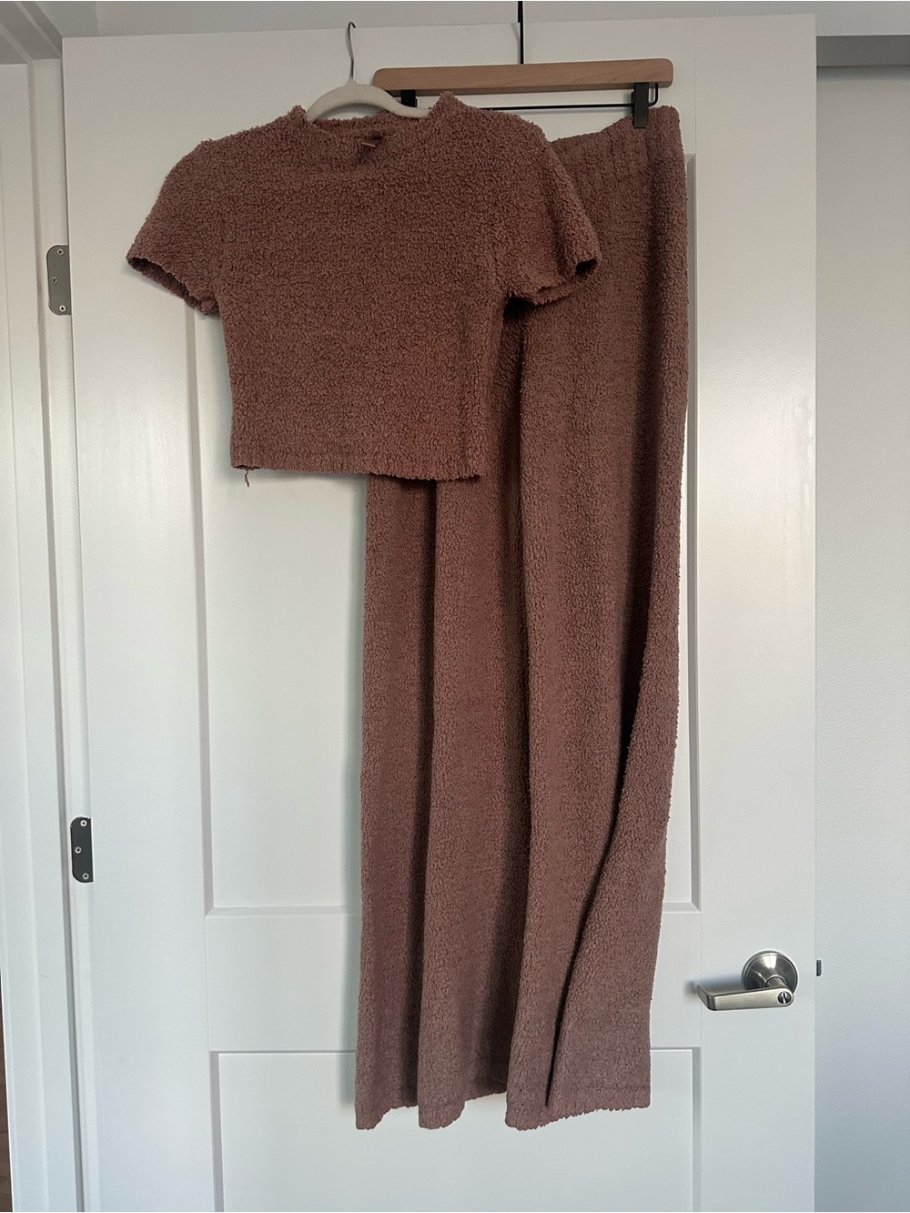 SKIMS Cozy Plush Short Sleeve Top & Wide Leg Pants Set - Brown